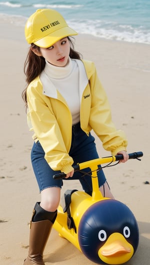 A Korean girl wearing a yellow construction hat, hair band, necklace, turtleneck sweater, underwear, windbreaker, bracelets and riding boots is playing with an inflatable yellow one-eyed duck on the beach!