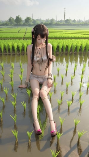A Korean girl with long hair, hair accessories, necklaces, suspender pajamas, bracelets, and high heels is planting rice in the rice fields!