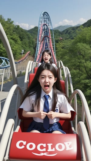 A Korean girl wearing a high school uniform looks scared while playing a roller coaster.