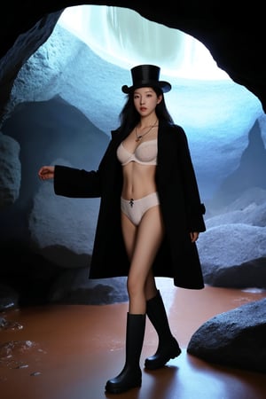 A Korean woman wearing a top hat, shawl, necklace, ring, bracelet, rain boots and sexy low-cut underwear and coat is in a cave!