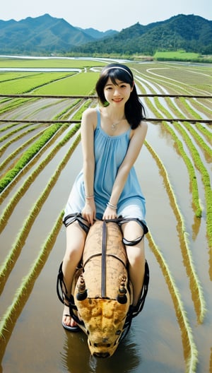 A Korean girl wearing a hairband, necklace, suspender nightgown, bracelets and slippers is riding a big scorpion in the rice fields!