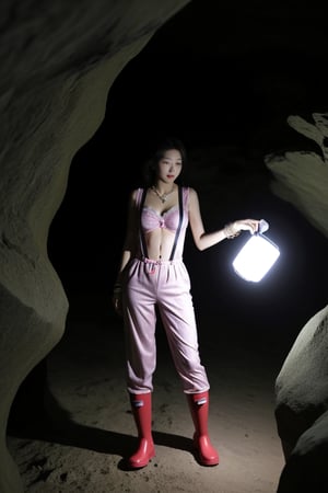 A Korean woman wearing a headlamp, scarf, necklace, rings, bracelets, suspenders, rain boots and sexy low-cut pajamas is rolling in a cave!