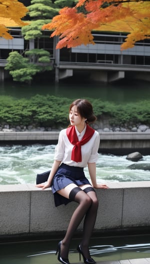 A Korean girl wearing a uniform, a long skirt, stockings, high heels, earrings and a silk scarf is sitting on the bank of a Japanese river and blowing air.