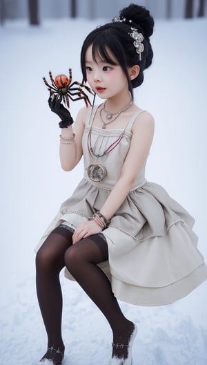 A little Korean girl wearing a small dress, a headdress, a necklace, a ring, a bracelet, an anklet, and stockings was playing with a big spider in the snow.