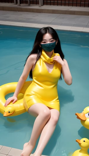 A Korean girl wearing a dress, stockings, slippers, earrings and a silk scarf was swimming in the hotel pool. Next to her was an inflatable yellow duck wearing a black eye mask.