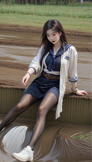 A Korean woman wearing a sailor hair, silk scarf, necklace, ring, bracelet, sailor suit, S belt, pantyhose and canvas shoes is rolling in the mud!