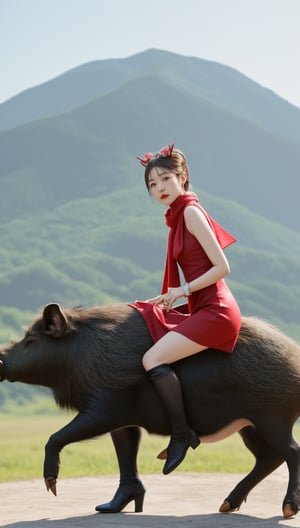 A Korean woman wearing a small dress, hair accessories, scarf, ring, bracelet, leather shoes, stockings and rouge and gouache is riding a wild boar.