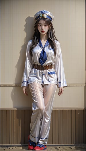 A Korean woman wearing a sailor hat, silk scarf, necklace, ring, bracelet, sexy pajamas, S-belt, pantyhose and canvas shoes. Her face was covered in mud in the mud!