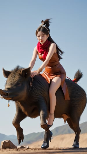 A Korean woman wearing a small dress, hair accessories, scarf, ring, bracelet, leather shoes, stockings and rouge and gouache is riding a wild boar.