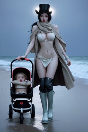 A Korean woman wearing a top hat, shawl, necklace, ring, bracelet, rain boots and suspenders in a sexy low-cut dress and coat was driving a baby stroller with a duck shape on the beach on a rainy night!