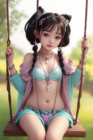 A little Korean girl wearing cool clothes, shawl, jewelry, necklaces, rings, anklets, earrings, suspenders, and nail paint is playing on the swing!