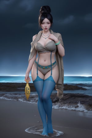 A Korean woman wearing a bun, a shawl, a necklace, a ring, a jade bracelet, blue stockings, high heels and a suspender with sexy low-cut lace was holding a yellow curare on the beach on a thundering night!