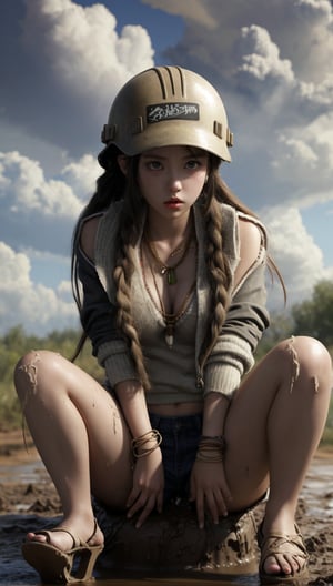 A Korean girl wearing a construction hat, hair bundle, necklace, sweater, underwear, windbreaker, bracelet and high heels is rolling in the mud. There is a heavy thunderstorm in the sky!