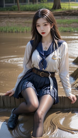 A Korean woman wearing a sailor hair, silk scarf, necklace, ring, bracelet, sailor suit, S belt, pantyhose and canvas shoes is rolling in the mud!