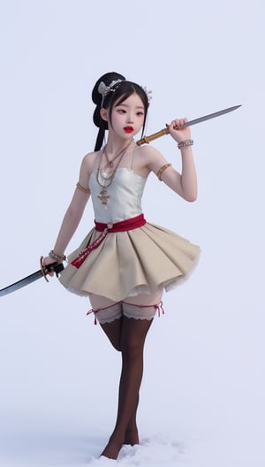 A Korean girl wearing a small dress, a headdress, a necklace, a ring, a bracelet, an anklet, stockings and lipstick danced a sword in the snow.