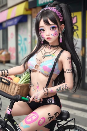 A Korean girl dressed coolly, wearing jewelry, necklaces, rings, anklets, earrings, suspenders, graffiti all over her body, stickers on her face and nail paint, was riding a bicycle to buy groceries!