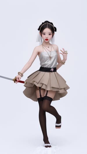 A Korean girl wearing a small dress, a headdress, a necklace, a ring, a bracelet, an anklet, stockings and lipstick danced a sword in the snow.