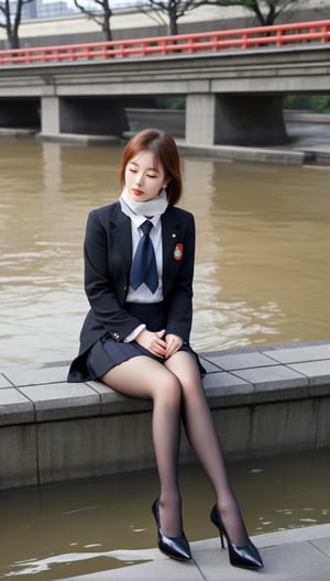 A Korean girl wearing a uniform, a long skirt, stockings, high heels, earrings and a silk scarf is sitting on the bank of a Japanese river and blowing air.