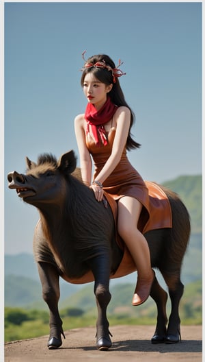 A Korean woman wearing a small dress, hair accessories, scarf, ring, bracelet, leather shoes, stockings and rouge and gouache is riding a wild boar.