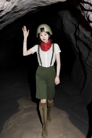 A Korean woman wearing a helmet, silk scarf, necklace, ring, bracelet, suspenders and military boots is rolling in the cave!