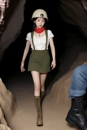 A Korean woman wearing a helmet, silk scarf, necklace, ring, bracelet, suspenders and military boots is rolling in the cave!