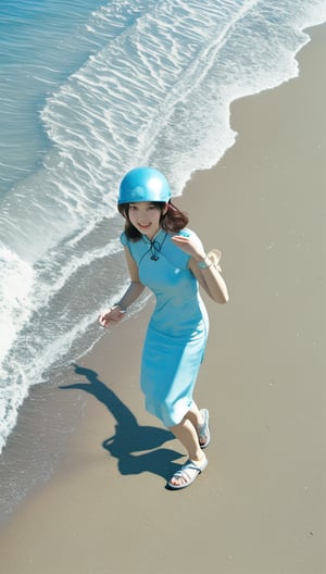 A Korean girl wearing a blue safety helmet, hair tie, necklace, cheongsam, bracelets and beach shoes is surfing on the beach!