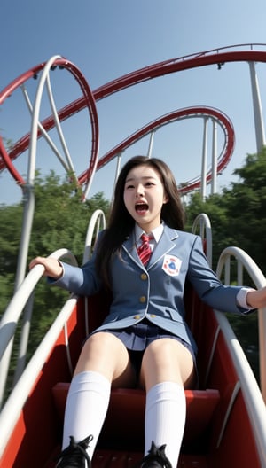 A Korean girl wearing a high school uniform looks scared while playing a roller coaster.