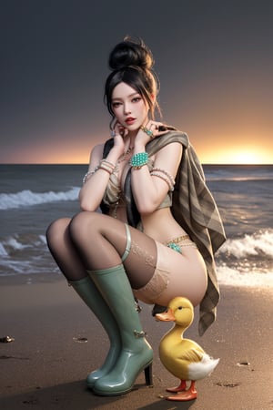 A Korean woman wearing a bun, shawl, necklace, ring, jade bracelet, stockings, rain boots and suspenders and sexy low-cut lace was hugging a yellow duck on the beach on a thundering night!