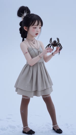 A little Korean girl wearing a small dress, a headdress, a necklace, a ring, a bracelet, an anklet, and stockings was playing with a big spider in the snow.