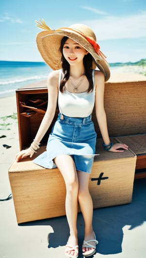A Korean girl wearing a straw hat, hair tie, necklace, suspender denim skirt, bracelets and beach shoes is riding a big mouse on a pile of straw!