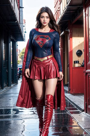 1girl, long black hair,supergirl,wearing Supergirl's blue tight uniform,perfect,red Boots higher than knees,Red miniskirt,Red long cape,full body,Bright colors,Bright red Boots, red miniskirt,Huge chest,Boots over the knee,Clothes are tied to skirts,Red miniskirt,Female model posen,Red over-the-knee pointed high-heeled boots,full body,Running in the city,full body,tall girl,long boots,Red long cape,Boots longer than legs,Chinese supergirl,18years old,Don't show belly,Extremely long tip boots,red skirt,full body,supergirl's tight suit,One-handed waist,Model's posture,The bullet bounced back on the body,can't show your knees,can't show belly button,Must be a long red cloak and a red miniskirt,Boots must exceed the knee,The skirt and uniform have Supergirl's gold belt at the connection,full body