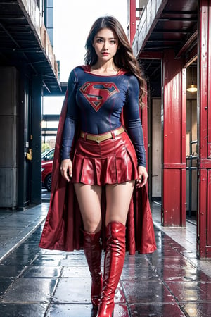 1girl, long black hair,supergirl,wearing Supergirl's blue tight uniform,perfect,red Boots higher than knees,Red miniskirt,Red long cape,full body,Bright colors,Bright red Boots, red miniskirt,Huge chest,Boots over the knee,Clothes are tied to skirts,Red miniskirt,Female model posen,Red over-the-knee pointed high-heeled boots,full body,Running in the city,full body,tall girl,long boots,Red long cape,Boots longer than legs,Chinese supergirl,18years old,Don't show belly,Extremely long tip boots,red skirt,full body,supergirl's tight suit,One-handed waist,Model's posture,The bullet bounced back on the body,can't show your knees,can't show belly button,Must be a long red cloak and a red miniskirt,Boots must exceed the knee,The skirt and uniform have Supergirl's gold belt at the connection,full body,nude