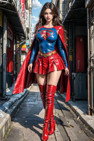 1girl, long black hair,supergirl,wearing Supergirl's blue tight uniform,perfect,red Boots higher than knees,Red miniskirt,Red long cape,full body,Bright colors,Bright red Boots, red miniskirt,Huge chest,Boots over the knee,Clothes are tied to skirts,Red miniskirt,Female model posen,Red over-the-knee pointed high-heeled boots,full body,running in the middle of the road,full body,tall girl,long boots,Red long cape,Boots longer than legs,Chinese supergirl,18years old,Don't show belly,Extremely long tip boots,red skirt,full body,supergirl's tight suit,Don't show knees,Knees wrapped in boots,strong girl,Pointy high-heeled boots,thin high heels,Uniforms and skirts are connectedUniforms and skirts are connected,Don't show your stomach,red skirt,full body,Extra long red boots,Golden Supergirl Belt,One-piece tight uniform
,Show the outline of the muscles,Red miniskirt and long cape,Boots must be over the knee,Integrated coats,Golden Supergirl Belt,Red miniskirt,Full of muscles,Tall and strong,Sexy,Full of muscle beauty,red dress,The skirt must be red.