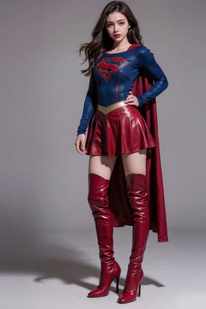 Girl with Long Hair (Supergirl) ,supergirl,full body,bodysuit, long sleeves, red cape, red skirt, red high heels thigh boots,white background,