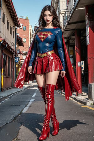 1girl, long black hair,supergirl,wearing Supergirl's blue tight uniform,perfect,red Boots higher than knees,Red miniskirt,Red long cape,full body,Bright colors,Bright red Boots, red miniskirt,Huge chest,Boots over the knee,Clothes are tied to skirts,Red miniskirt,Female model posen,Red over-the-knee pointed high-heeled boots,full body,running in the middle of the road,full body,tall girl,long boots,Red long cape,Boots longer than legs,Chinese supergirl,18years old,Don't show belly,Extremely long tip boots,red skirt,full body,supergirl's tight suit,Don't show knees,Knees wrapped in boots,strong girl,Pointy high-heeled boots,thin high heels,Uniforms and skirts are connectedUniforms and skirts are connected,Don't show your stomach,red skirt,full body,Extra long red boots,Golden Supergirl Belt,One-piece tight uniform
,Show the outline of the muscles,Red miniskirt and long cape,Boots must be over the knee,Integrated coats,Golden Supergirl Belt,Red miniskirt,Full of muscles,Tall and strong,Sexy,Full of muscle beauty,red dress,The skirt must be red.