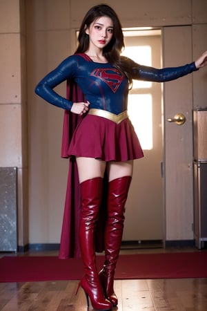 Girl with Long Hair (Supergirl) ,supergirl,full body,bodysuit, long sleeves, red cape, red skirt, red high heels thigh boots 