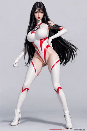 ultragirl,long black straight hair,Ultraman bodysuit,Ultragirl Miya,Battle posture,Pdointed white high heels,full body,white background 
