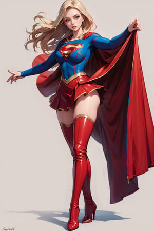 Girl with Long Hair (Supergirl) ,supergirl,full body,bodysuit, long sleeves, red cape, red skirt, red high heels thigh boots,white background,