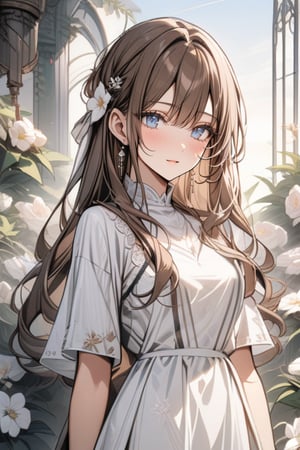 1girl, female, blue eyes, brown hair (long, straight style), white dress, subtle blush, wistful expression, flower background, day, masterpiece, aesthetic, rating: general