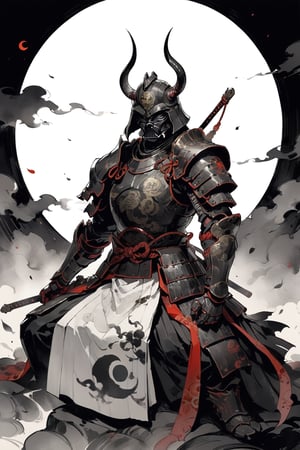 darth vader, weapon, armor,  japanese armor, helmet,  samurai, shoulder armor, moon, sheath, horns, gauntlets, sheathed, mask, standing, kusazuri, kabuto \(helmet\), pauldrons, death star, full armor, fake horns, (sitting, indian style:1.2), masterpiece, best quality, aesthetic, chinese ink painting, 