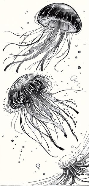 Jellyfish in a drawn style, on paper with sketch lines with charcoal pencils.