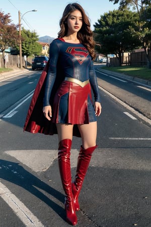 1girl, black long hair,supergirl,18years old,Wearing Supergirl's blue uniform，Red miniskirt，Red long cloak，Wearing red high-heeled knee-high boots，full body，Huge chest，Standing in the middle of the road，Red over-the-knee boots,Red miniskirt，Bright colors，very very longKnee-length boots,The boots reached the skirt,The eyes are full of porn，Huge nipples，Protruding chest，The chest is as big as the balloon，tall,Model's posture，Chinese 18-year-old Supergirl,full body,Huge chest，Little fat，tall girl,Ultra-long boots