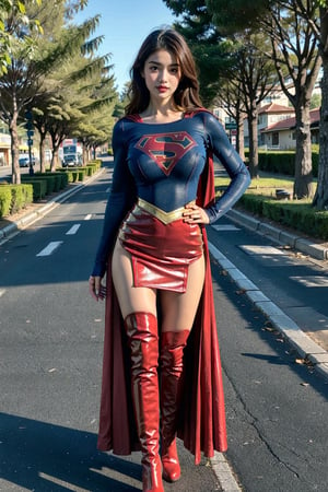 1girl, black long hair,supergirl,18years old,Wearing Supergirl's blue uniform，Red miniskirt，Red long cloak，Wearing red high-heeled knee-high boots，full body，Huge chest，Standing in the middle of the road，Red over-the-knee boots,Red miniskirt，Bright colors，very very longKnee-length boots,The boots reached the skirt,The eyes are full of porn，Huge nipples，Protruding chest，The chest is as big as the balloon，tall,Model's posture，Chinese 18-year-old Supergirl,full body,Huge chest，Boots as long as legs.