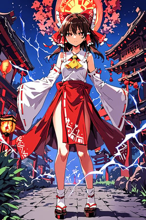 hakurei reimu,1girl, solo, hair_bow, hair_tubes, red_bow, detached_sleeves, ofuda, yellow_ascot, looking_at_viewer, full_body, ribbon-trimmed_sleeves, wide_sleeves, nontraditional_miko, frills, electricity, temple_background, bare_shoulders,star-shaped_pupils,symbol-shaped_pupils,. gorgeous,vibrant, studio anime,award-winning, professional, highly detailed,high budget, cinemascope