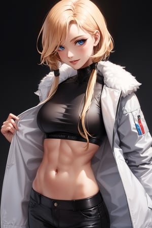 4k,best quality,masterpiece,25yo 1girl,(jacket),(demin pant), alluring smile, (Beautiful and detailed eyes), Detailed face, detailed eyes, double eyelids ,thin face, real hands, semi visible abs, ((short hair with long locks:1.2)), black background, an Instagram model, long blonde_hair real person, color splash style photo,realistic,photorealistic