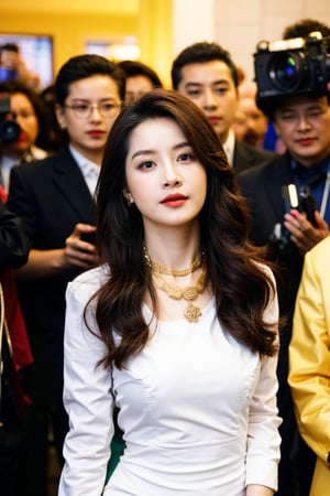 Best quality, masterpiece, ultra high res, (photorealistic:1.4), raw photo, front view, (perfect body, upper body, photo from the knee), ((full frontal shot of a beautiful white skin girl wearing a gorgeous luxurious dress, luxurious gold necklace, She was surrounded by reporters taking photos at a celebrity press conference)), looking_at_viewer, bussiness jacket,ao dai