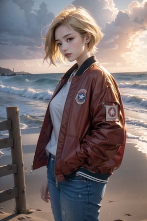 A photorealistic masterpiece! The shot frames a stunning 22-year-old short golden hair Korean girl with a sleek pixie cut and blonde locks.she issmile sweetand cute, She's dressed in an oversized red M1 bomber jacket, (paired with super short distressed blue jeans and crisp white sneakers),both hands in the pocket . Against a apocalypse backdrop, breaking sands and storm flying inbetween,the subject stands out like a work of art,full cinematography, side view, focus halfbody 
