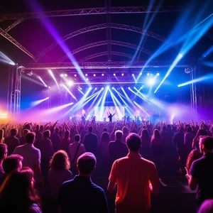 A vibrant, colorful music festival with a lively crowd dancing and cheering under the bright stage lights. The scene captures a diverse group of people enjoying the energetic atmosphere, with musicians performing on stage, illuminated by dynamic lighting effects. The composition showcases the joyful interaction between the audience and performers, creating a dynamic and festive ambiance.