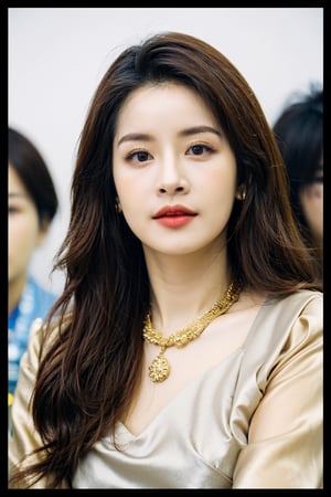 Best quality, masterpiece, ultra high res, (photorealistic:1.4), raw photo, front view, (perfect body, upper body, photo from the knee), ((full frontal shot of a beautiful white skin girl wearing a gorgeous luxurious dress, luxurious gold necklace, She was surrounded by reporters taking photos at a celebrity press conference)), looking_at_viewer, bussiness jacket,ao dai