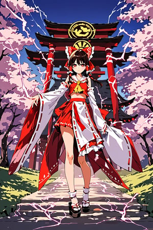 hakurei reimu,1girl, solo, hair_bow, hair_tubes, red_bow, detached_sleeves, ofuda, yellow_ascot, looking_at_viewer, full_body, ribbon-trimmed_sleeves, wide_sleeves, nontraditional_miko, frills, electricity, temple_background, bare_shoulders,star-shaped_pupils,symbol-shaped_pupils,. gorgeous,vibrant, studio anime,award-winning, professional, highly detailed,high budget, cinemascope